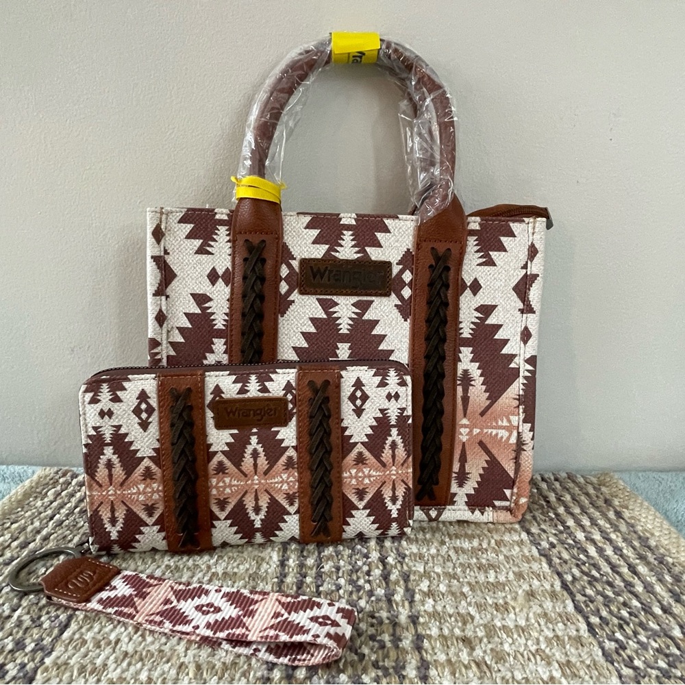 Wrangler White and Brown Aztec Tote with Matching Wallet and Wristlet